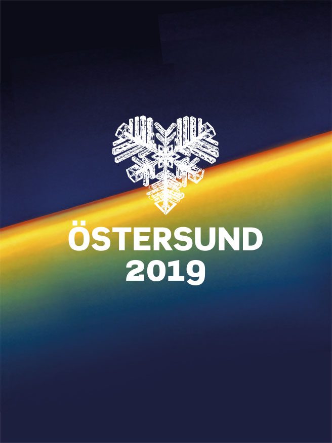 An image showing the Östersund 2019 ski event logo in white against a color gradient background