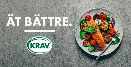 An image showing a plate of organic food and a fork, with text in Swedish saying "Eat better"
