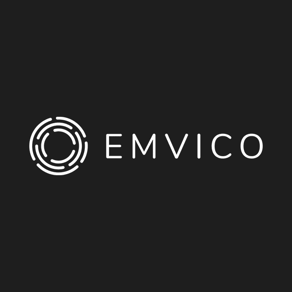 A square image showing the Emvico company logo in white against a dark background