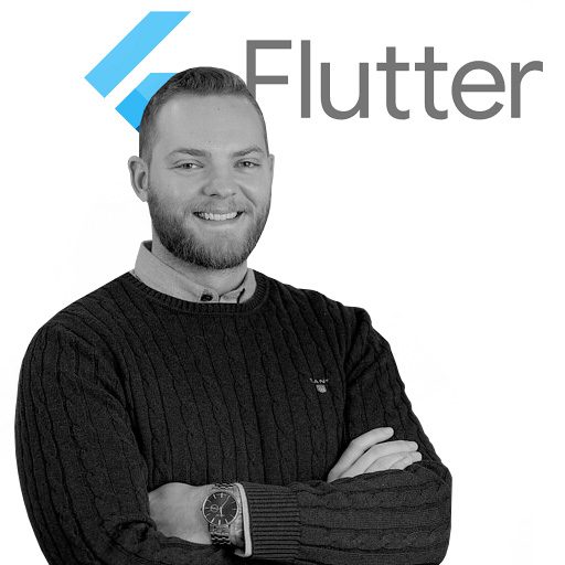 Image of a man super imposed on top of a white background and the Flutter company logo