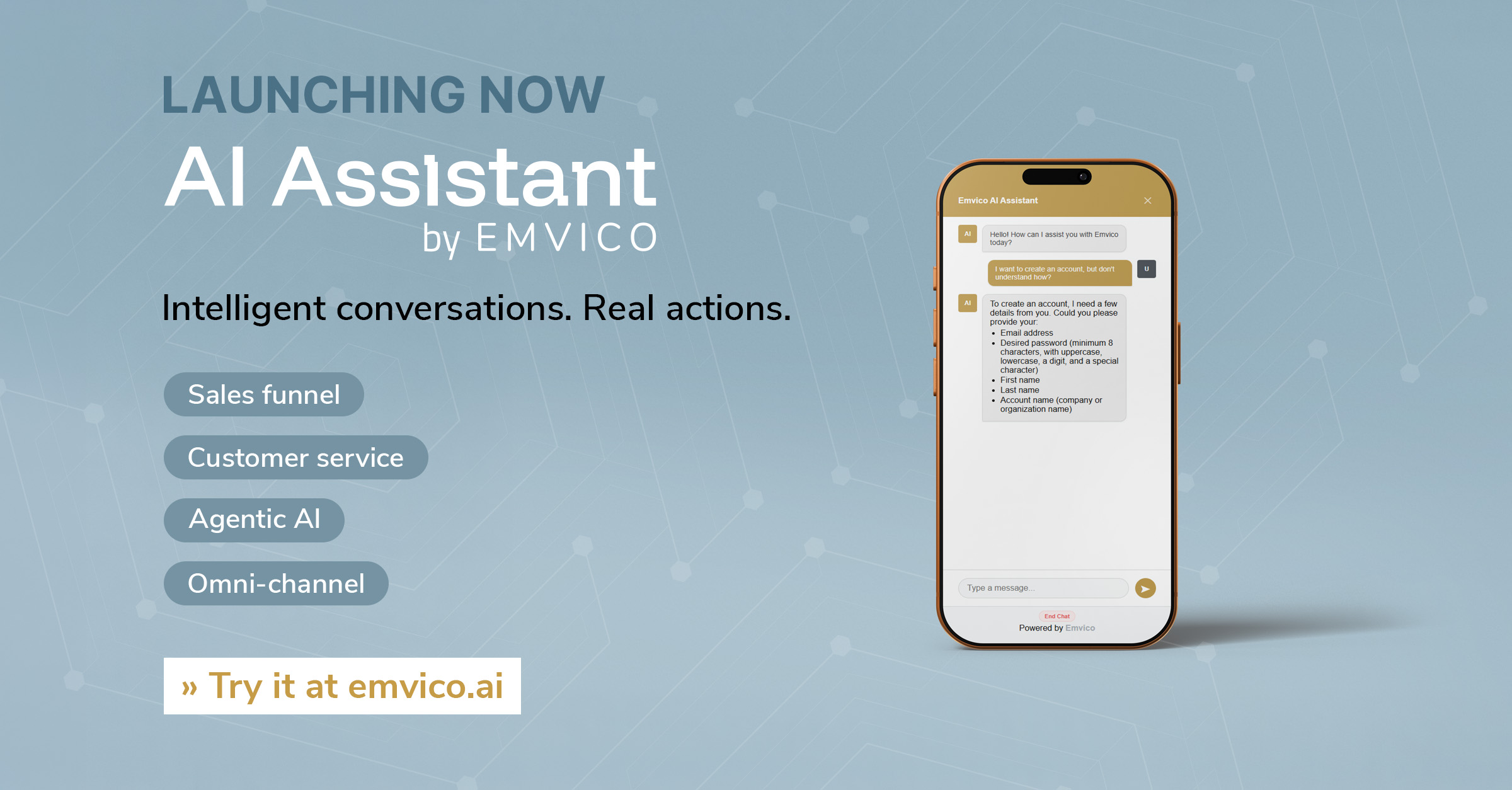 An image of a mobile phone against a blue background. Phone features the new Emvico AI Assistant showing off it's agentic features.