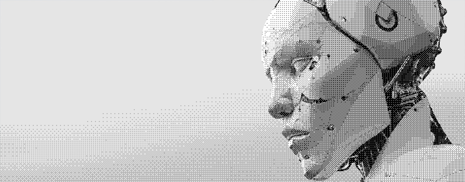 A dithered black and white image of an android