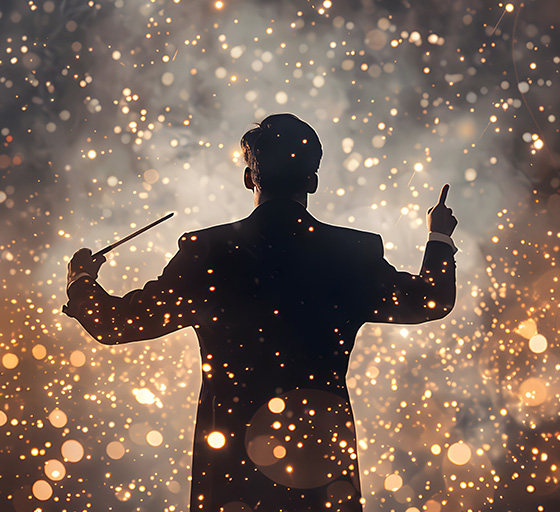 A music conductor seen from behind. Sparkles flying everywhere around him.