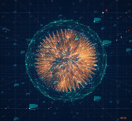 Futuristic orb, like a plasma ball, with connection lines and floating text around