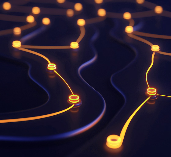 An AI generated image of orange light paths against a dark background.