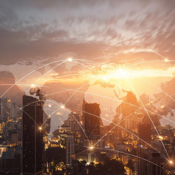 City skyline at dusk with superimposed map with connected lines