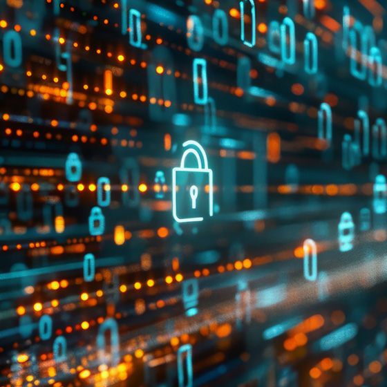 Abstract futuristic image with a lock icon floating in a sea of orange and blue data streams.